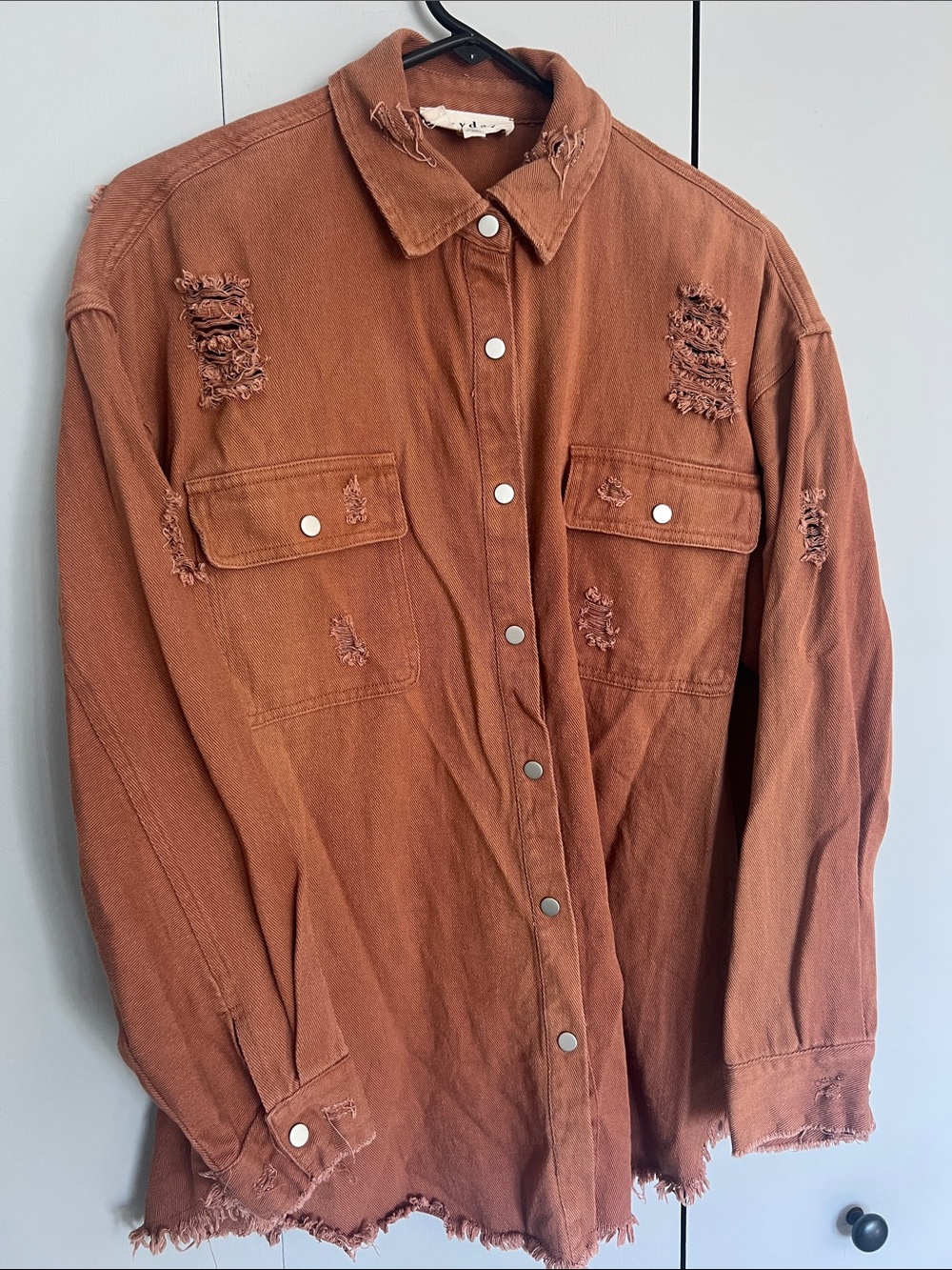 heyday Rust Distressed Button-Front Jean Shacket